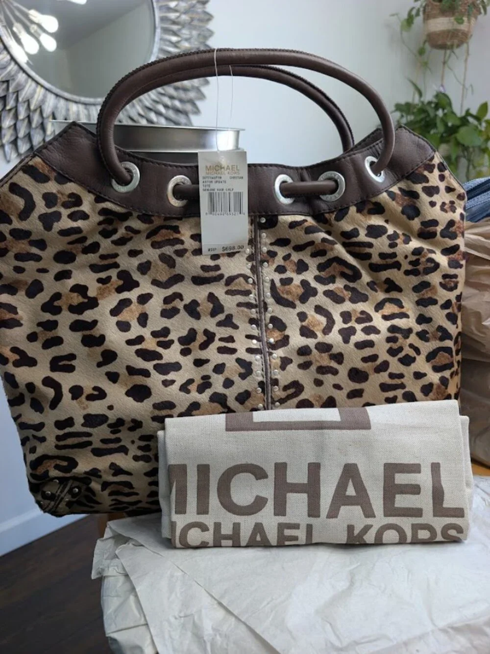 NWT Michael Kors Astor Update Cheetah Tote Genuine Calf Hair Luxury Bag